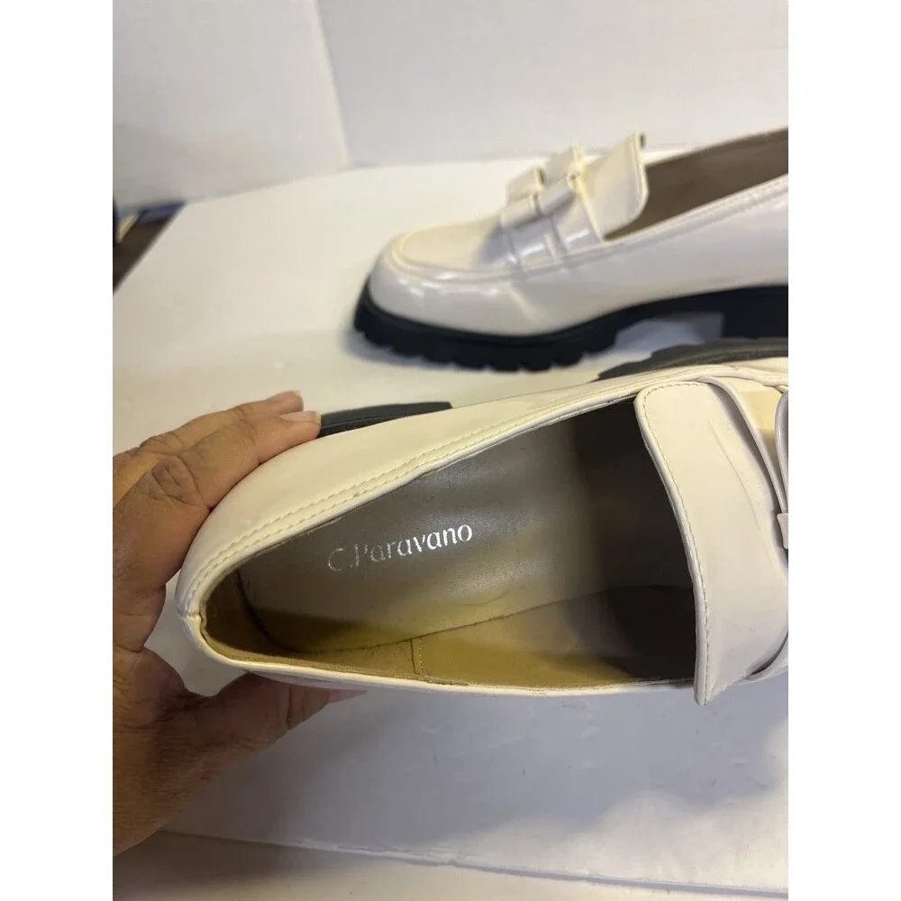 C. Paravano Shoes Size 40 9-9.5 White Lug Slip On Bow Chunky Black Sole Unworn